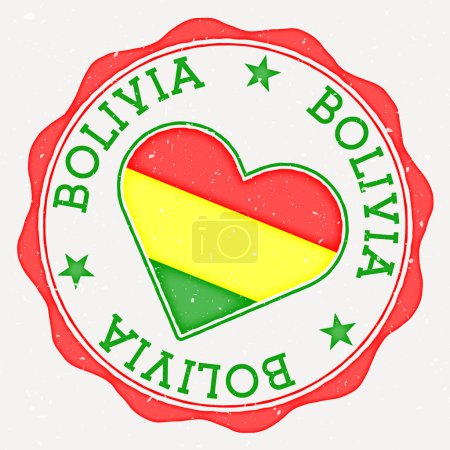 Bolivia heart flag logo. Country name text around Bolivia flag in a shape of heart. Radiant vector illustration.