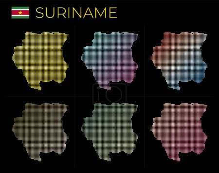 Téléchargez les illustrations : Suriname dotted map set. Map of Suriname in dotted style. Borders of the country filled with beautiful smooth gradient circles. Appealing vector illustration. - en licence libre de droit