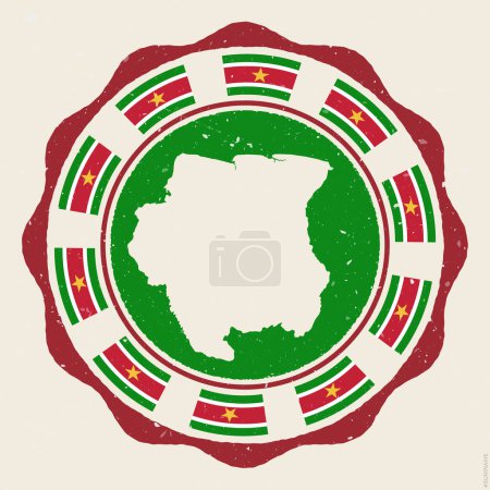 Téléchargez les illustrations : Suriname vintage sign. Grunge round logo with map and flags of Suriname. Awesome vector illustration. - en licence libre de droit