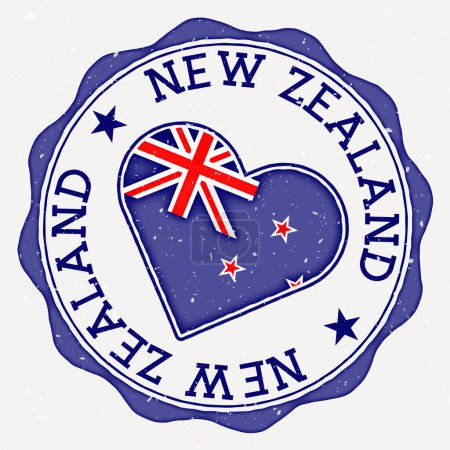 New Zealand heart flag logo. Country name text around New Zealand flag in a shape of heart. Authentic vector illustration.