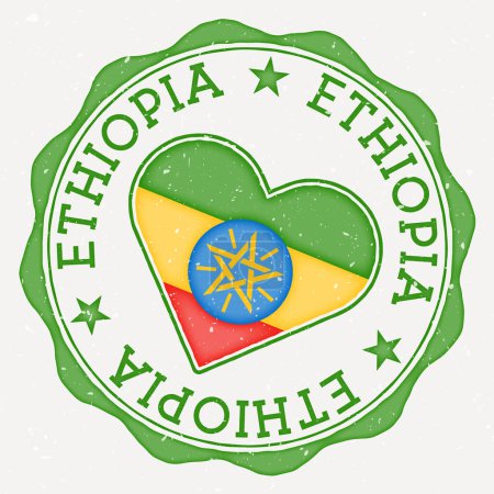 Ilustración de Ethiopia heart flag logo. Country name text around Ethiopia flag in a shape of heart. Vibrant vector illustration. - Imagen libre de derechos
