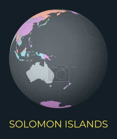 Illustration for World map centered to Solomon Islands. Red country highlighted. Satellite world view centered to country with name. Vector Illustration. - Royalty Free Image