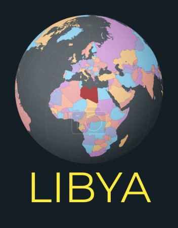 Illustration for World map centered to Libya. Red country highlighted. Satellite world view centered to country with name. Vector Illustration. - Royalty Free Image