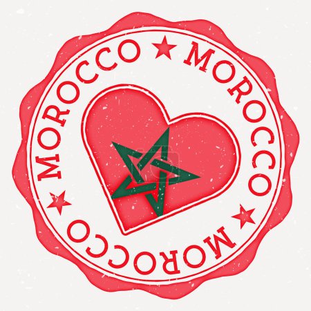 Morocco heart flag logo. Country name text around Morocco flag in a shape of heart. Neat vector illustration.