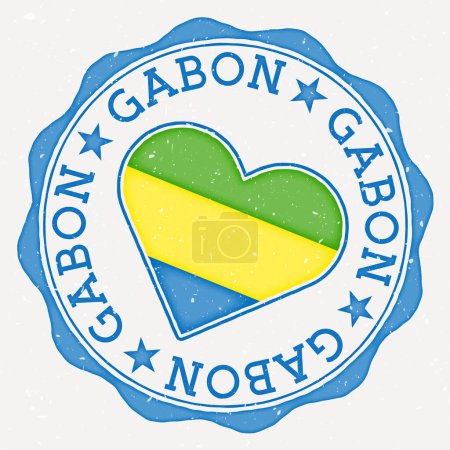 Gabun Herz Flagge Logo. Text des Ländernamens um die Gabunenfahne in Herzform. Attraktive Vektorillustration.