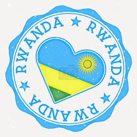 Rwanda heart flag logo. Country name text around Rwanda flag in a shape of heart. Modern vector illustration.