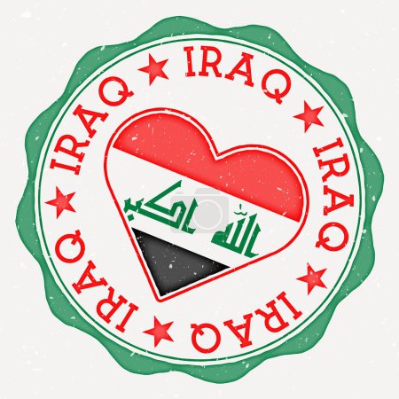 Illustration for Republic of Iraq heart flag logo. Country name text around Republic of Iraq flag in a shape of heart. Amazing vector illustration. - Royalty Free Image