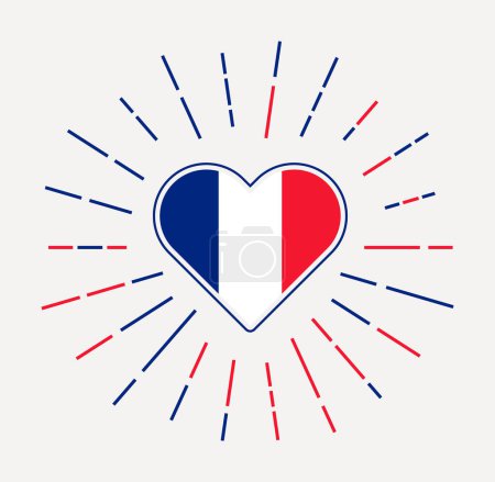 France heart with flag of the country. Sunburst around France heart sign. Vector illustration.