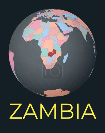 Ilustración de Mapa del mundo centrado en Zambia. País rojo resaltado. Satélite vista del mundo centrado en el país con nombre. Ilustración vectorial. - Imagen libre de derechos