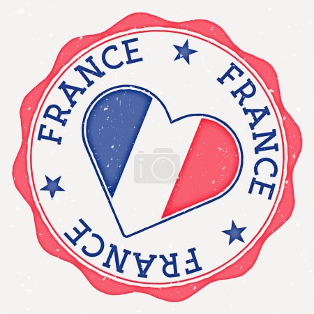 France heart flag logo. Country name text around France flag in a shape of heart. Astonishing vector illustration.