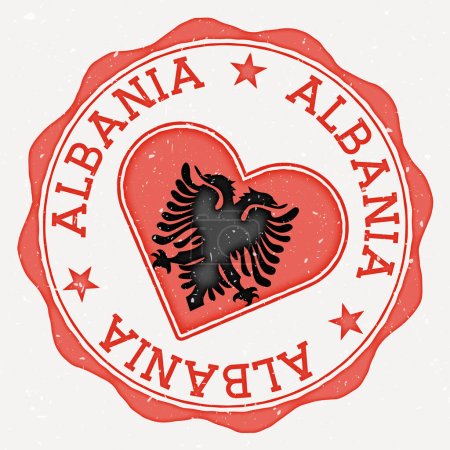 Albania logo de la bandera del corazón. Nombre del país texto alrededor de la bandera de Albania en una forma de corazón. Ilustración vectorial atractivo.