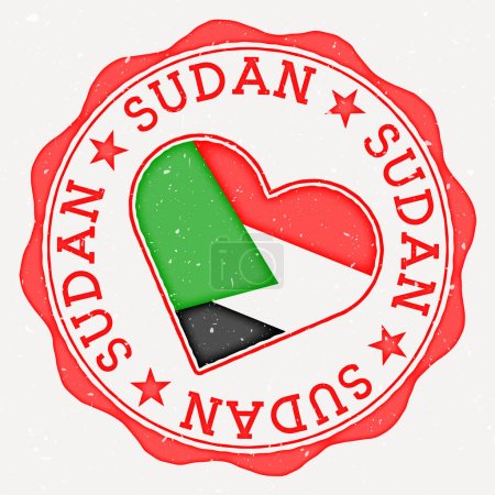 Sudan heart flag logo. Country name text around Sudan flag in a shape of heart. Neat vector illustration.