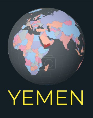 Ilustración de World map centered to Yemen. Red country highlighted. Satellite world view centered to country with name. Vector Illustration. - Imagen libre de derechos