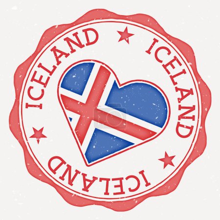 Illustration for Iceland heart flag logo. Country name text around Iceland flag in a shape of heart. Appealing vector illustration. - Royalty Free Image