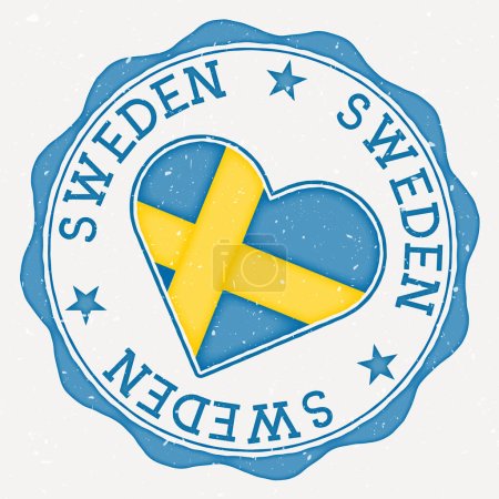 Ilustración de Sweden heart flag logo. Country name text around Sweden flag in a shape of heart. Amazing vector illustration. - Imagen libre de derechos