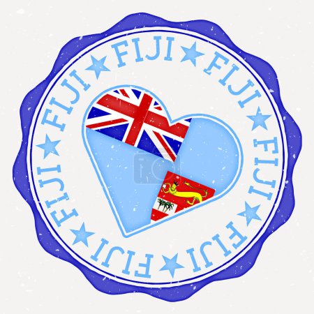 Ilustración de Fiji heart flag logo. Country name text around Fiji flag in a shape of heart. Appealing vector illustration. - Imagen libre de derechos