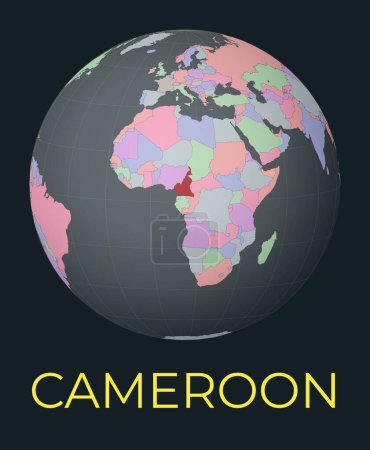 Ilustración de World map centered to Cameroon. Red country highlighted. Satellite world view centered to country with name. Vector Illustration. - Imagen libre de derechos