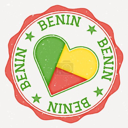 Benin heart flag logo. Country name text around Benin flag in a shape of heart. Classy vector illustration.