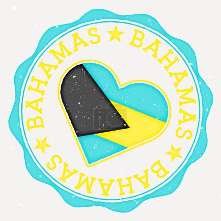 Bahamas heart flag logo. Country name text around Bahamas flag in a shape of heart. Modern vector illustration.