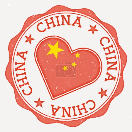 China heart flag logo. Country name text around China flag in a shape of heart. Astonishing vector illustration.