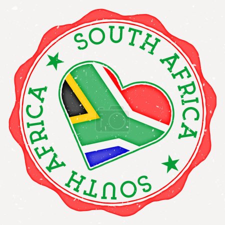 Ilustración de South Africa heart flag logo. Country name text around South Africa flag in a shape of heart. Neat vector illustration. - Imagen libre de derechos