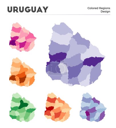 Ilustración de Uruguay colección de mapas. Fronteras de Uruguay para su infografía. Regiones coloreadas del país. Ilustración vectorial. - Imagen libre de derechos