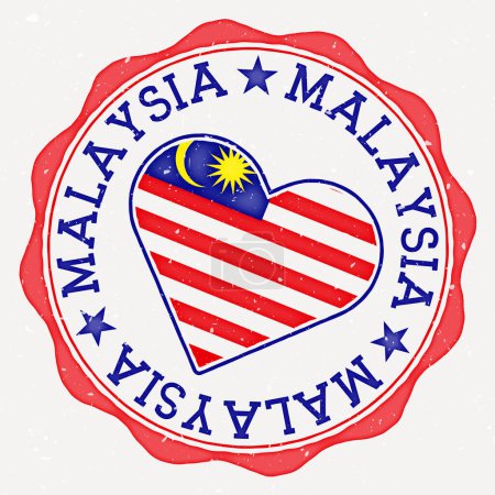 Malaysia-Herz-Flagge-Logo. Text des Ländernamens rund um die Flagge Malaysias in Herzform. Erstaunliche Vektorillustration.