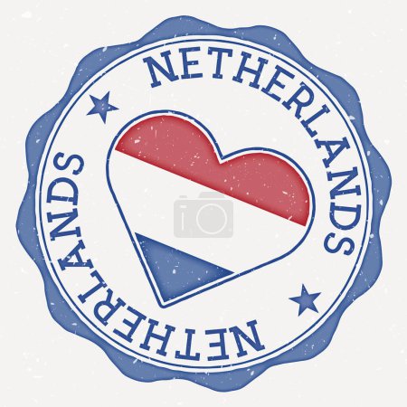 Illustration for Netherlands heart flag logo. Country name text around Netherlands flag in a shape of heart. Astonishing vector illustration. - Royalty Free Image