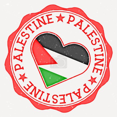 Illustration for Palestine heart flag logo. Country name text around Palestine flag in a shape of heart. Classy vector illustration. - Royalty Free Image