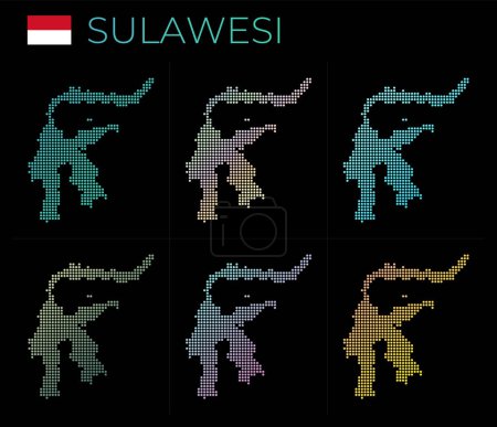 Illustration for Sulawesi dotted map set. Map of Sulawesi in dotted style. Borders of the island filled with beautiful smooth gradient circles. Beautiful vector illustration. - Royalty Free Image