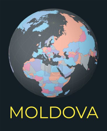 Illustration for World map centered to Moldova. Red country highlighted. Satellite world view centered to country with name. Vector Illustration. - Royalty Free Image