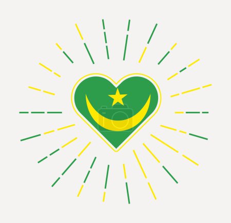 Illustration for Mauritania heart with flag of the country. Sunburst around Mauritania heart sign. Vector illustration. - Royalty Free Image