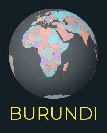 Ilustración de World map centered to Burundi. Red country highlighted. Satellite world view centered to country with name. Vector Illustration. - Imagen libre de derechos