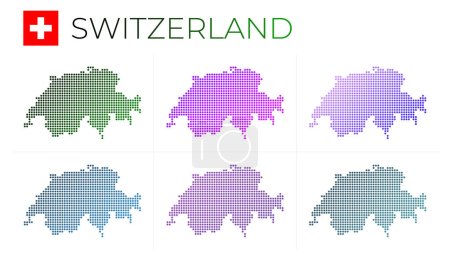 Illustration for Switzerland dotted map set. Map of Switzerland in dotted style. Borders of the country filled with beautiful smooth gradient circles. Creative vector illustration. - Royalty Free Image