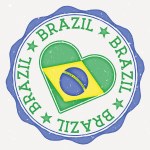 Brazil heart flag logo. Country name text around Brazil flag in a shape of heart. Stylish vector illustration.