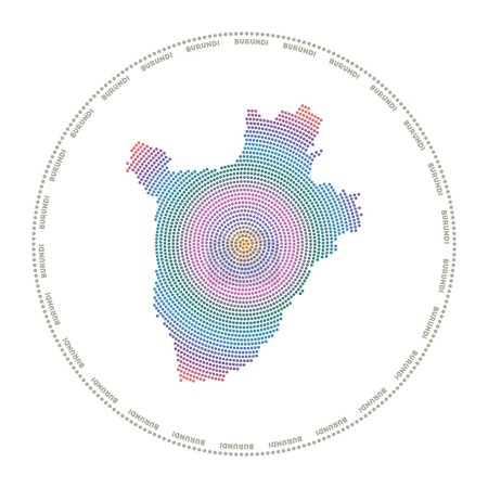 Illustration for Burundi round logo. Digital style shape of Burundi in dotted circle with country name. Tech icon of the country with gradiented dots. Radiant vector illustration. - Royalty Free Image