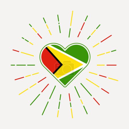 Guyana heart with flag of the country. Sunburst around Guyana heart sign. Vector illustration.