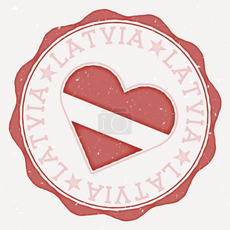 Latvia heart flag logo. Country name text around Latvia flag in a shape of heart. Modern vector illustration.