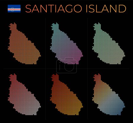 Illustration for Santiago Island dotted map set. Map of Santiago in dotted style. Borders of the island filled with beautiful smooth gradient circles. Beautiful vector illustration. - Royalty Free Image