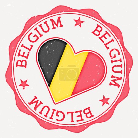 Belgium heart flag logo. Country name text around Belgium flag in a shape of heart. Charming vector illustration.
