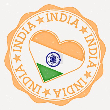 India heart flag logo. Country name text around India flag in a shape of heart. Superb vector illustration.