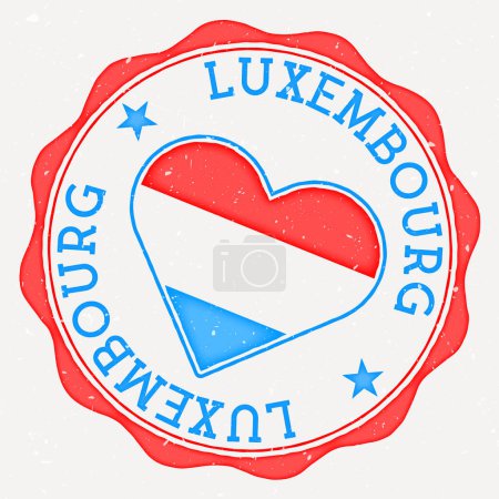 Logo de la bandera del corazón de Luxemburgo. Nombre del país texto alrededor de la bandera de Luxemburgo en forma de corazón. Elegante ilustración vectorial.