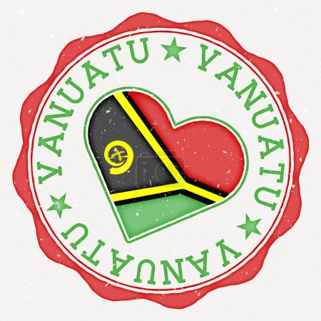 Logotipo Vanuatu bandera del corazón. Nombre del país texto alrededor de la bandera de Vanuatu en forma de corazón. Elegante ilustración vectorial.