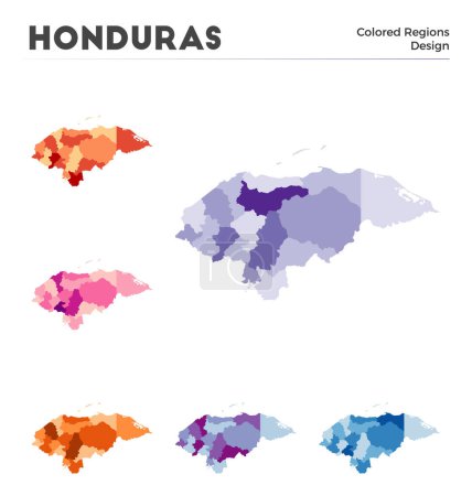 Téléchargez les illustrations : Honduras collection de cartes. Frontières du Honduras pour votre infographie. Régions de pays colorés. Illustration vectorielle. - en licence libre de droit