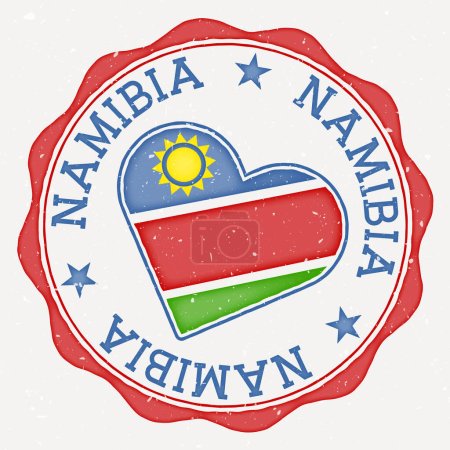 Illustration for Namibia heart flag logo. Country name text around Namibia flag in a shape of heart. Appealing vector illustration. - Royalty Free Image