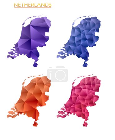 Téléchargez les illustrations : Set of vector polygonal maps of Netherlands. Bright gradient map of country in low poly style. Multicolored Netherlands map in geometric style for your infographics. Cool vector illustration. - en licence libre de droit