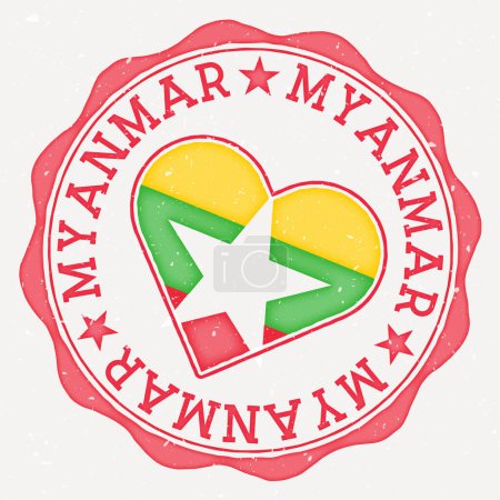 Myanmar heart flag logo. Country name text around Myanmar flag in a shape of heart. Vibrant vector illustration.