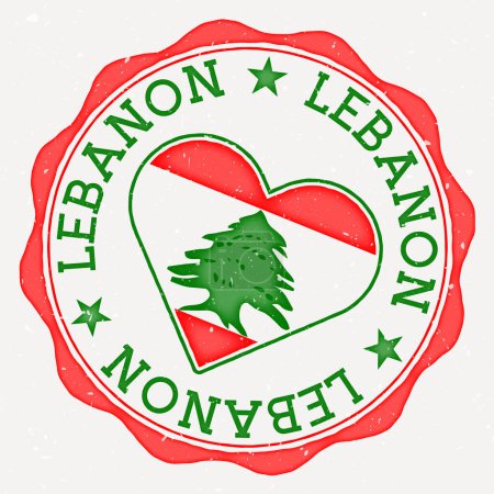 Illustration for Lebanon heart flag logo. Country name text around Lebanon flag in a shape of heart. Charming vector illustration. - Royalty Free Image