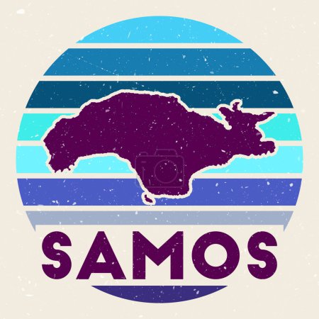 Illustration for Samos logo. Sign with the map of island and colored stripes, vector illustration. Can be used as insignia, logotype, label, sticker or badge of the Samos. - Royalty Free Image