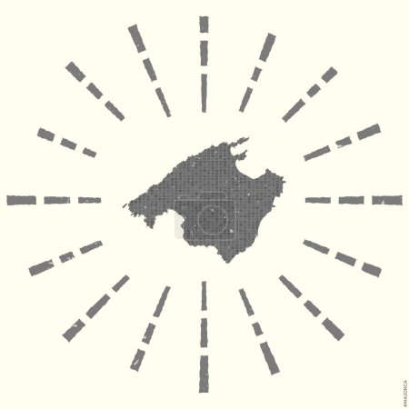 Ilustración de Majorca Logo. Grunge sunburst poster with map of the island. Shape of Majorca filled with hex digits with sunburst rays around. Cool vector illustration. - Imagen libre de derechos